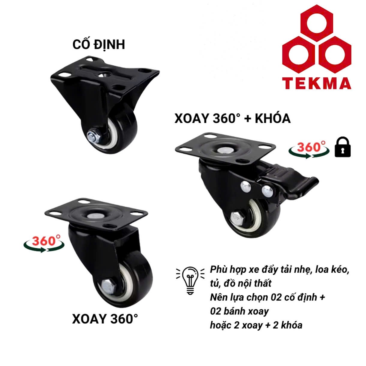 Bánh xe PVC đế cố định, đế xoay, đế xoay có khóa