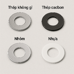 Long đen thép không gỉ, thép cacbon, nhôm, nhựa